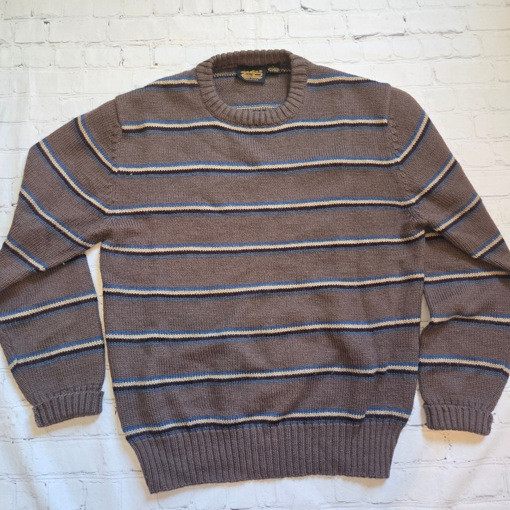 Vintage Eddie Bauer Mens Wool Sweater Large Brown Striped Crew Neck Outdoor Knit